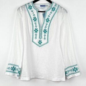NWT Acrobat Linen Embroidered Teal White Tunic Top Bohemian Resort Wear Size S